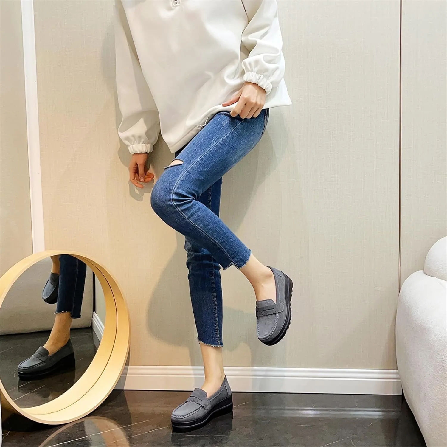 EnllerviiD Women's Platform Loafers Slip-On Comfortable Suede Moccasins Wedge Penny Loafers Thick Soft Platform Lightweight Casual Business Work Shoes