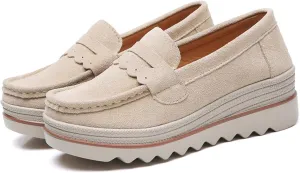 EnllerviiD Women's Platform Loafers Slip-On Comfortable Suede Moccasins Wedge Penny Loafers Thick Soft Platform Lightweight Casual Business Work Shoes