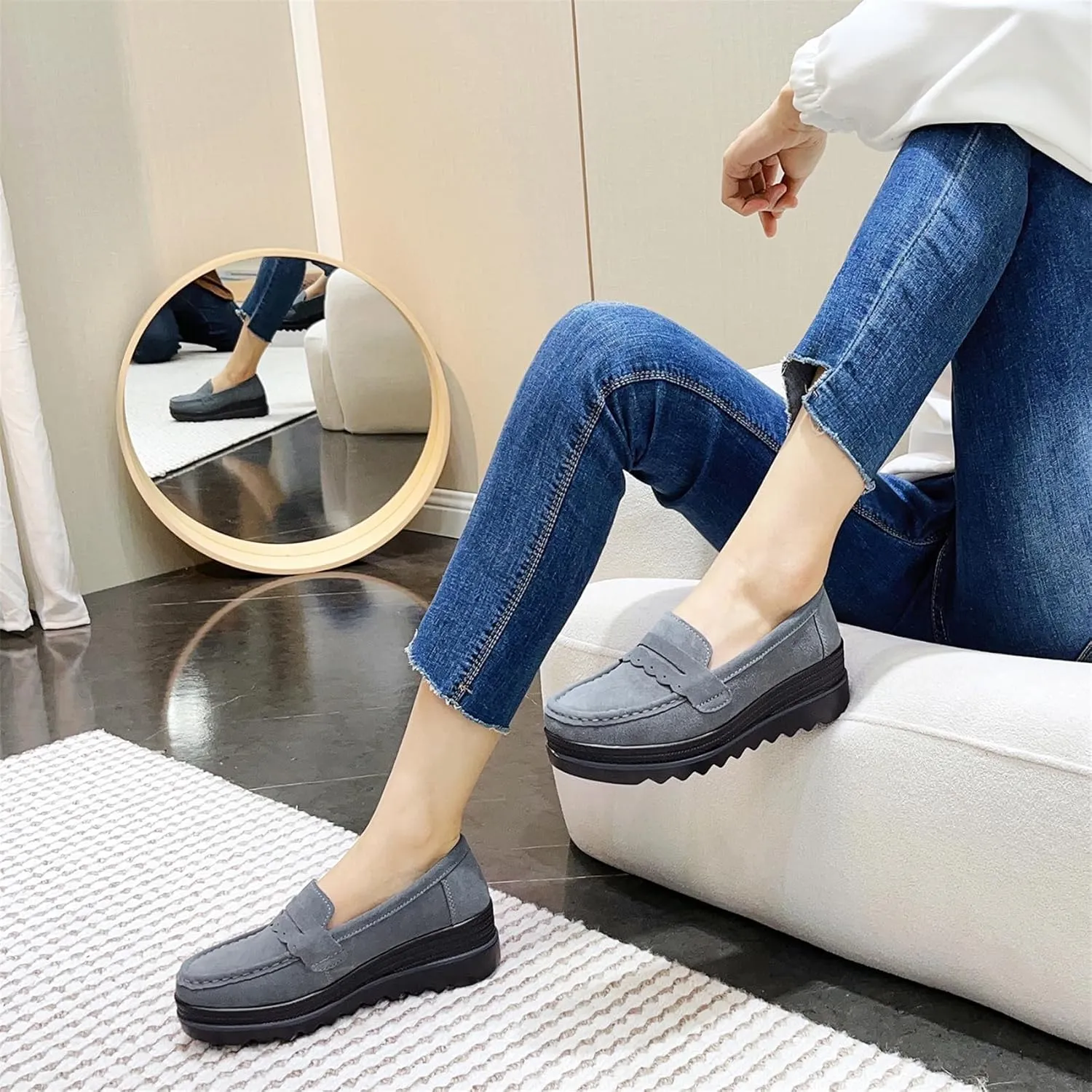 EnllerviiD Women's Platform Loafers Slip-On Comfortable Suede Moccasins Wedge Penny Loafers Thick Soft Platform Lightweight Casual Business Work Shoes