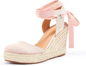 Ermonn Womens Espadrilles Wedge Sandals Platform Closed Toe Ankle Strap Lace Up Summer Shoes