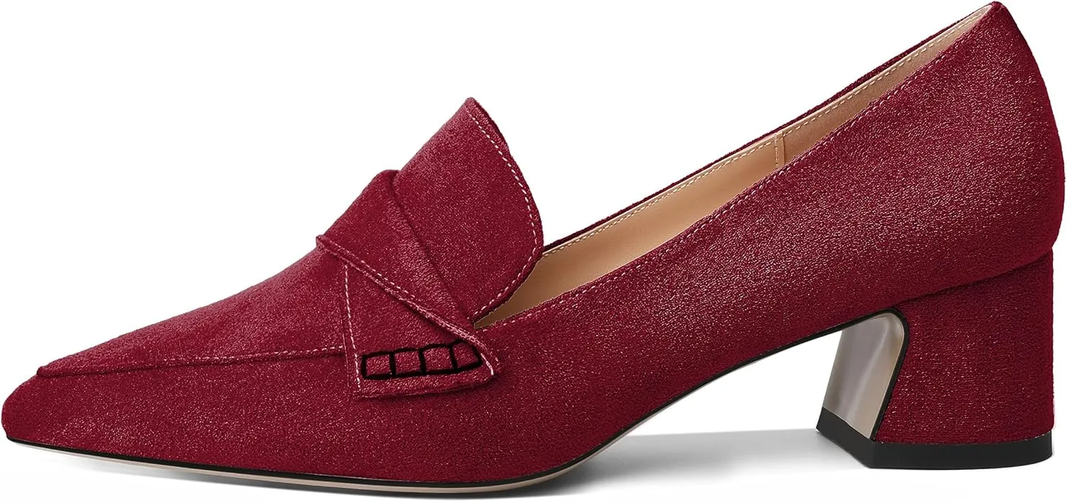 Esvowido Women's Loafer Pumps Mid Block Heels Closed Pointed Toe Slip on Comfortable Chunky Heel Pumps Dress Shoes for Daily Life Work Office 2 Inch