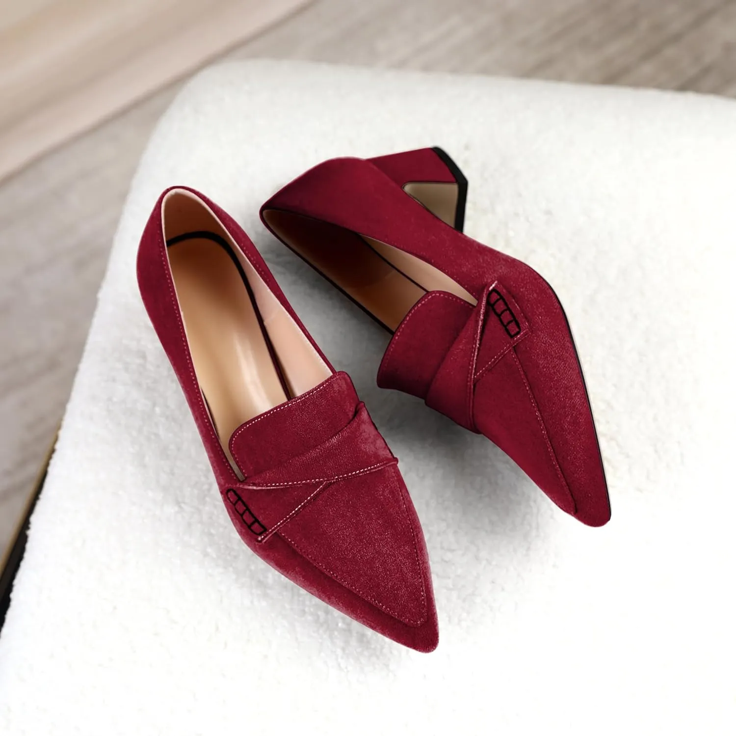 Esvowido Women's Loafer Pumps Mid Block Heels Closed Pointed Toe Slip on Comfortable Chunky Heel Pumps Dress Shoes for Daily Life Work Office 2 Inch