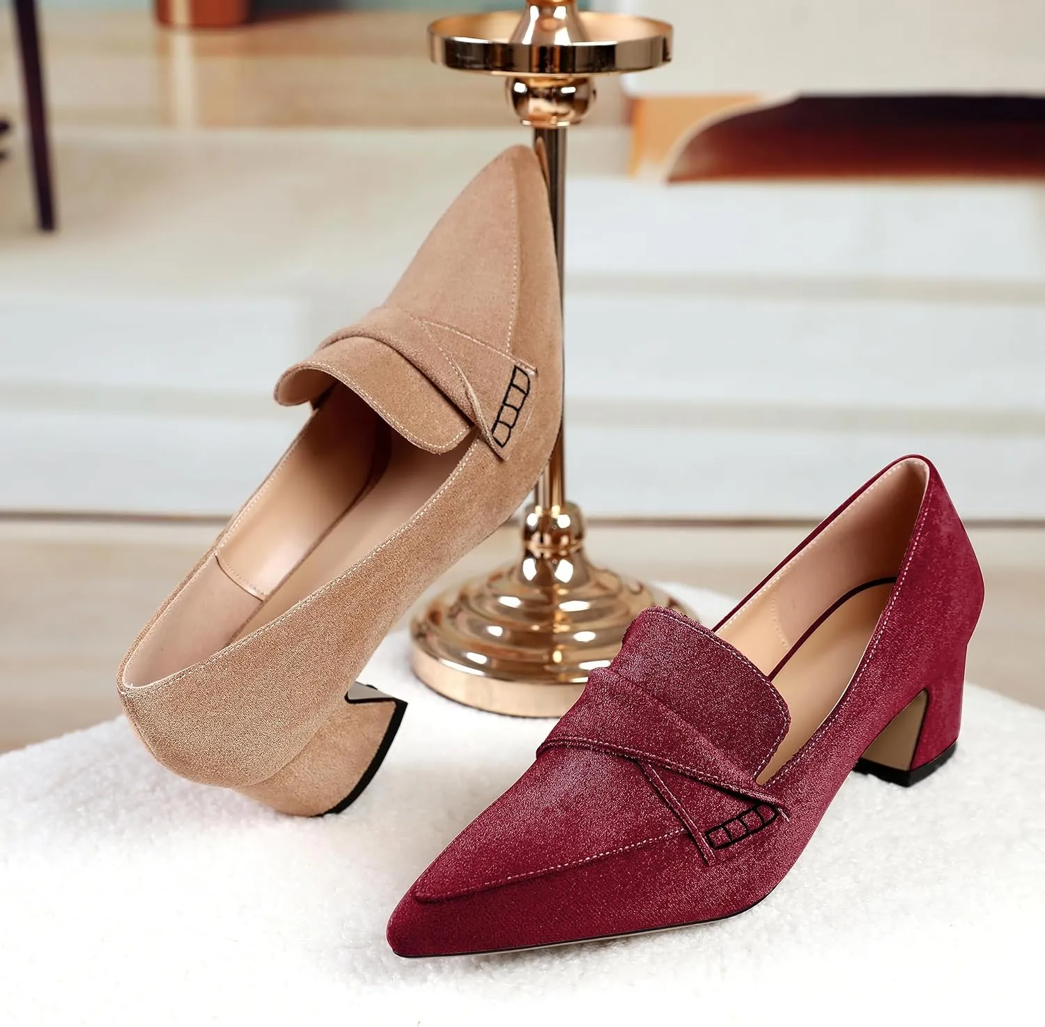 Esvowido Women's Loafer Pumps Mid Block Heels Closed Pointed Toe Slip on Comfortable Chunky Heel Pumps Dress Shoes for Daily Life Work Office 2 Inch