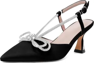 Esvowido Women's Rhinestone Bow Heels Pointed Toe Kitten Low Heel Pumps Satin Shoes Adjustable Ankle Strap Slingback Heeled Wedding Bridal Evening Dress Shoes