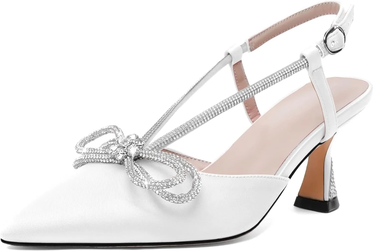 Esvowido Women's Rhinestone Bow Heels Pointed Toe Kitten Low Heel Pumps Satin Shoes Adjustable Ankle Strap Slingback Heeled Wedding Bridal Evening Dress Shoes