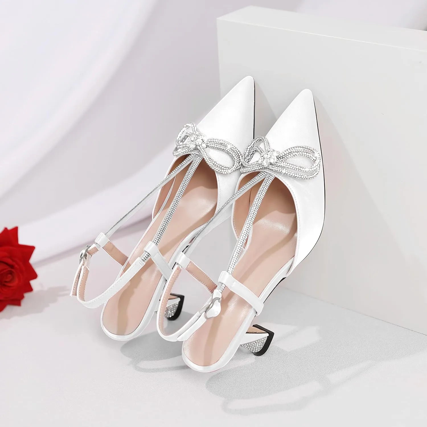 Esvowido Women's Rhinestone Bow Heels Pointed Toe Kitten Low Heel Pumps Satin Shoes Adjustable Ankle Strap Slingback Heeled Wedding Bridal Evening Dress Shoes