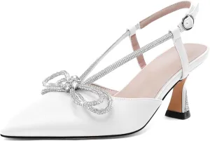 Esvowido Women's Rhinestone Bow Heels Pointed Toe Kitten Low Heel Pumps Satin Shoes Adjustable Ankle Strap Slingback Heeled Wedding Bridal Evening Dress Shoes