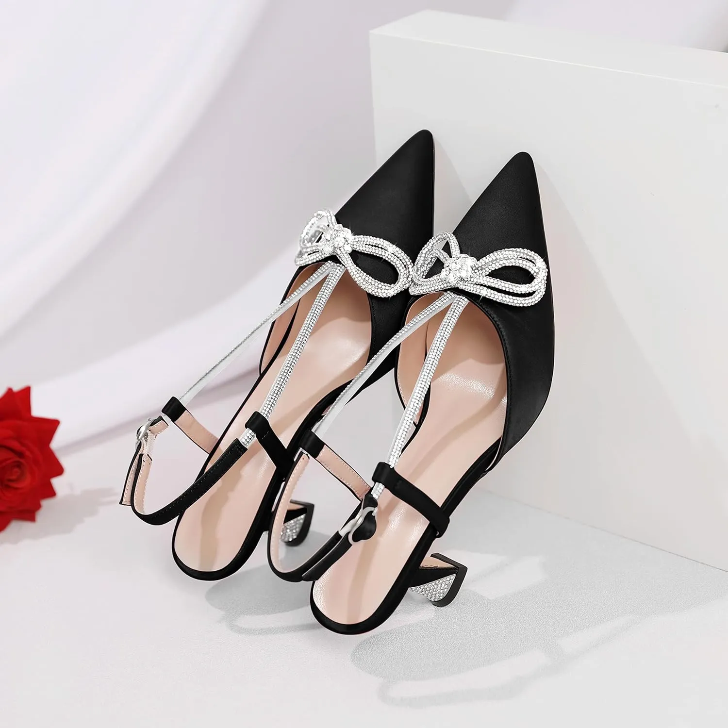 Esvowido Women's Rhinestone Bow Heels Pointed Toe Kitten Low Heel Pumps Satin Shoes Adjustable Ankle Strap Slingback Heeled Wedding Bridal Evening Dress Shoes