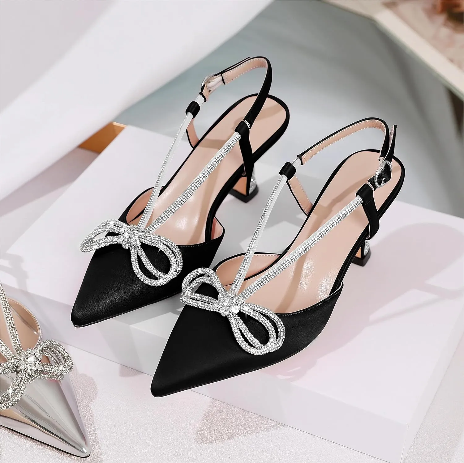 Esvowido Women's Rhinestone Bow Heels Pointed Toe Kitten Low Heel Pumps Satin Shoes Adjustable Ankle Strap Slingback Heeled Wedding Bridal Evening Dress Shoes