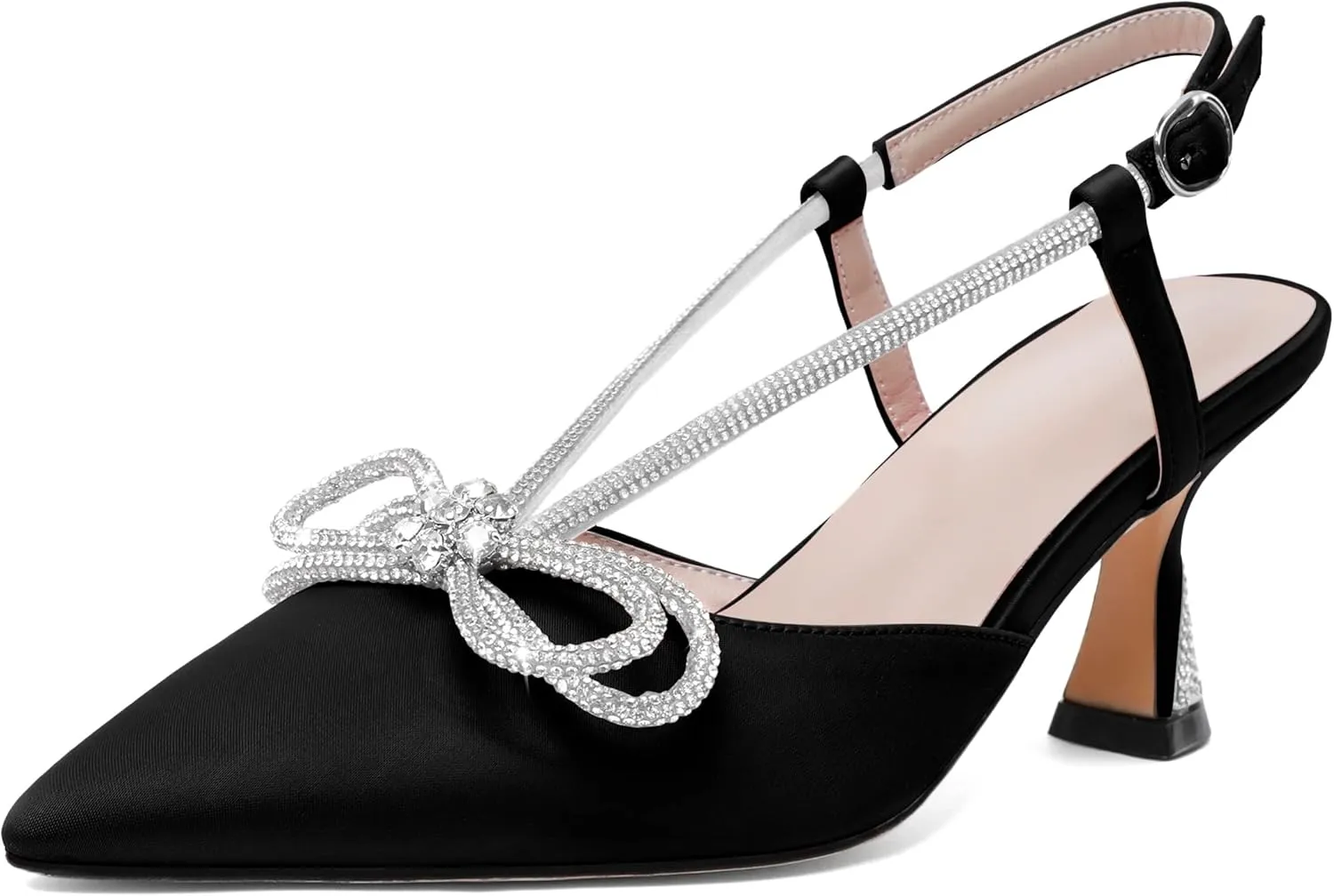 Esvowido Women's Rhinestone Bow Heels Pointed Toe Kitten Low Heel Pumps Satin Shoes Adjustable Ankle Strap Slingback Heeled Wedding Bridal Evening Dress Shoes