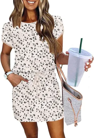 ETCYY NEW Womens Summer Dresses Tie Front Chic Mini Dress Petal Short Sleeve with Pockets
