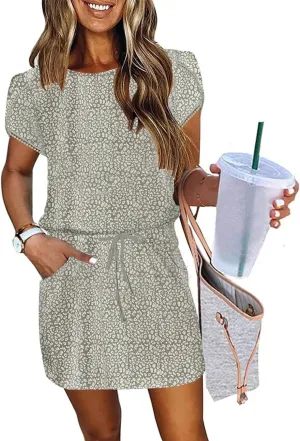 ETCYY NEW Womens Summer Dresses Tie Front Chic Mini Dress Petal Short Sleeve with Pockets