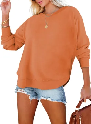 EVALESS Sweatshirt for Women Casual Solid Color Crewneck Long Sleeve Side Split Tops Loose Fit Pullover Shirts