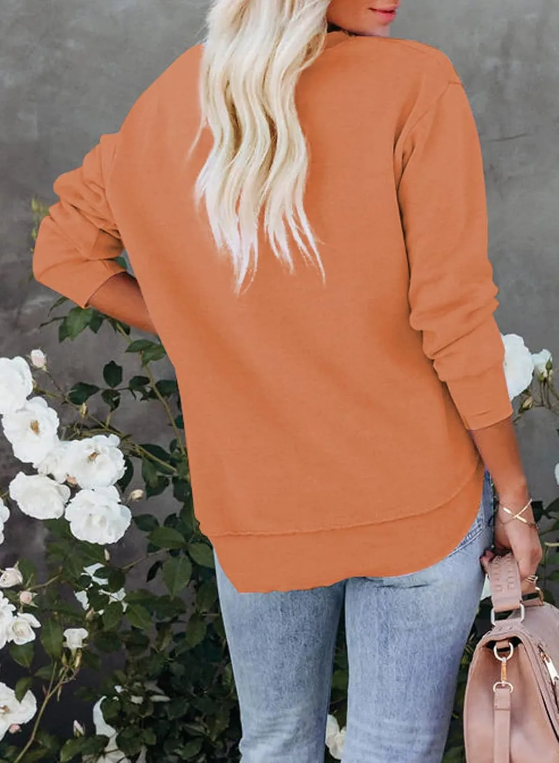 EVALESS Sweatshirt for Women Casual Solid Color Crewneck Long Sleeve Side Split Tops Loose Fit Pullover Shirts