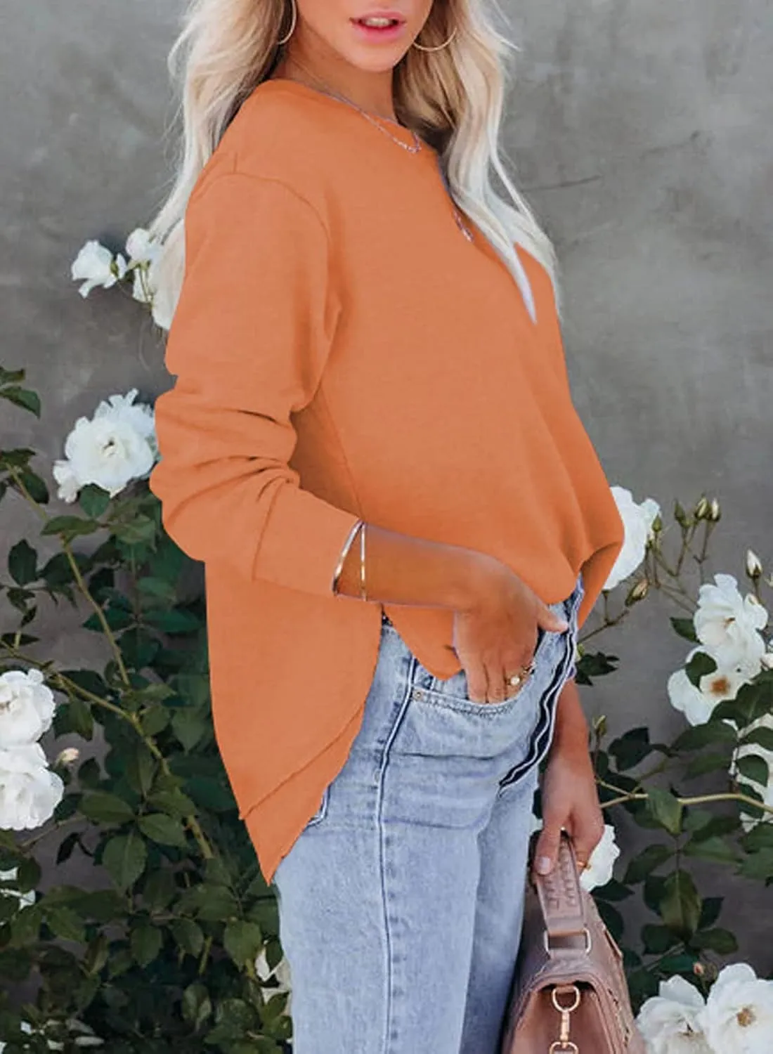 EVALESS Sweatshirt for Women Casual Solid Color Crewneck Long Sleeve Side Split Tops Loose Fit Pullover Shirts