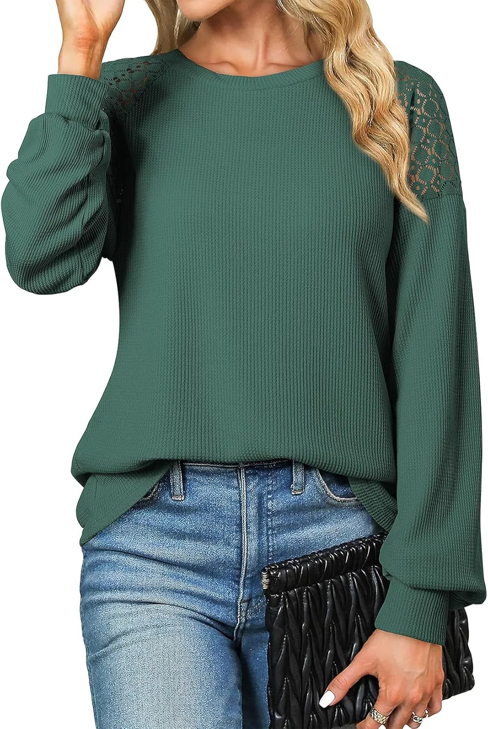 EVALESS Womens Long Sleeve Tops Dressy Casual Crewneck Waffle Lace Patchwork Knit T Shirts Trendy Loose Blouses