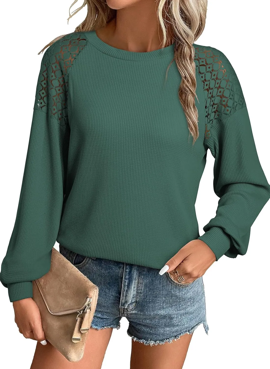 EVALESS Womens Long Sleeve Tops Dressy Casual Crewneck Waffle Lace Patchwork Knit T Shirts Trendy Loose Blouses