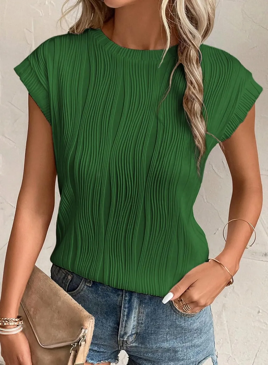 EVALESS Womens Short Sleeve Textured Tops Crewneck Knit Solid Loose Casual Basic T Shirts Tee Blouses