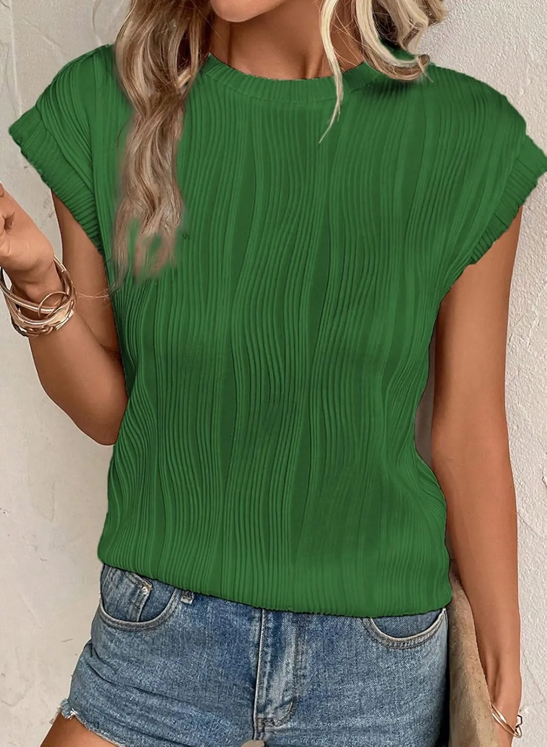 EVALESS Womens Short Sleeve Textured Tops Crewneck Knit Solid Loose Casual Basic T Shirts Tee Blouses