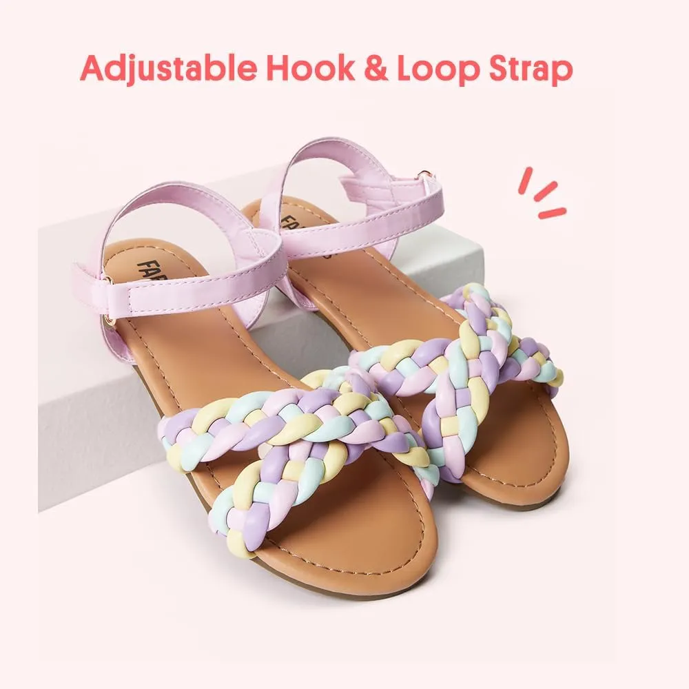 FabKids Girls Braided Open Toe Ankle Strap Flat Lightly Padded Sandals Summer Holiday Party Dress Shoes for Toddler Little Kid Big Kid