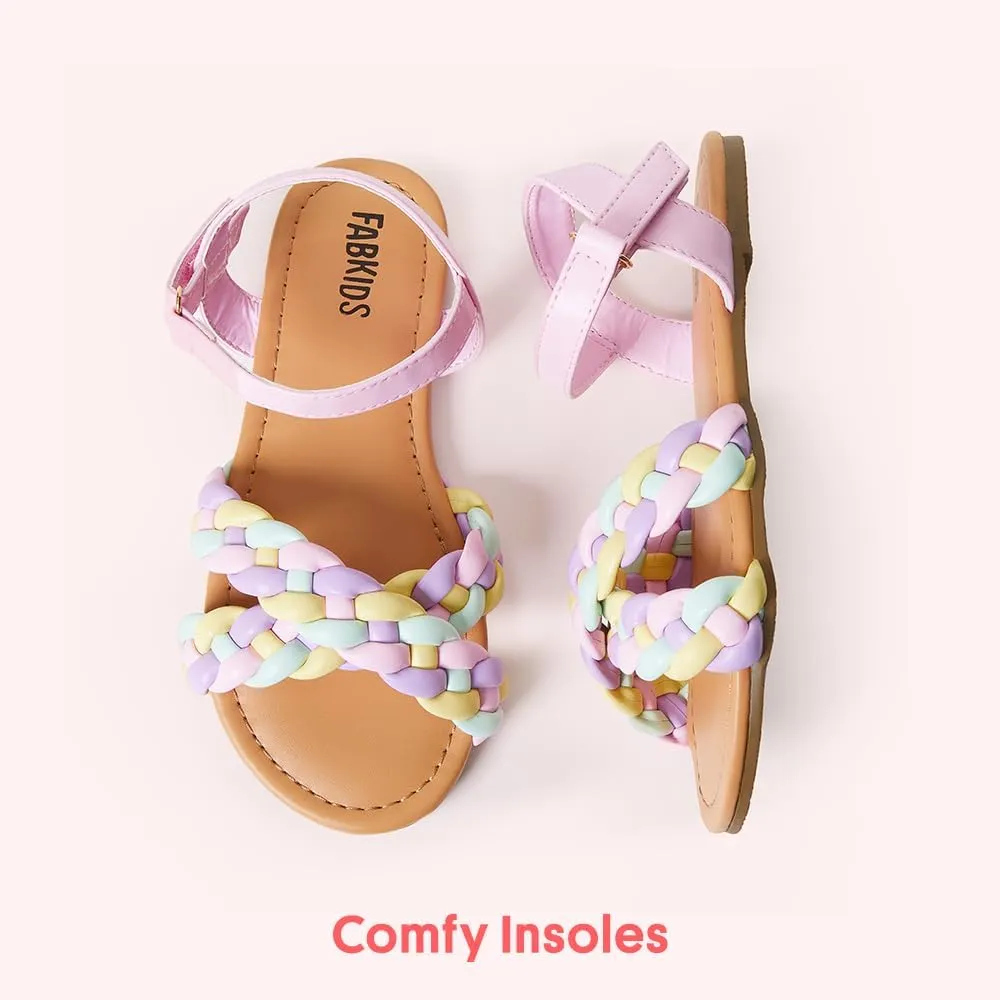 FabKids Girls Braided Open Toe Ankle Strap Flat Lightly Padded Sandals Summer Holiday Party Dress Shoes for Toddler Little Kid Big Kid