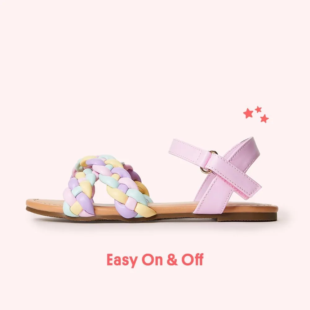 FabKids Girls Braided Open Toe Ankle Strap Flat Lightly Padded Sandals Summer Holiday Party Dress Shoes for Toddler Little Kid Big Kid