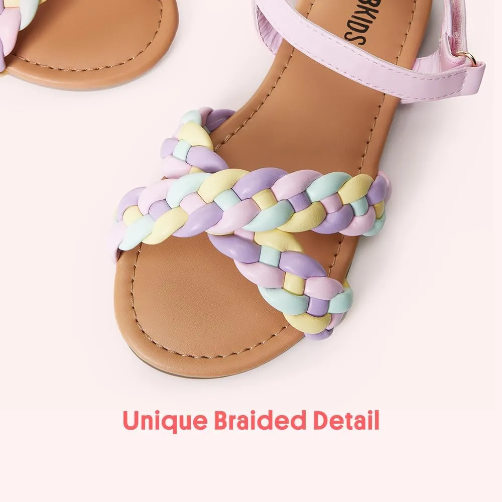 FabKids Girls Braided Open Toe Ankle Strap Flat Lightly Padded Sandals Summer Holiday Party Dress Shoes for Toddler Little Kid Big Kid