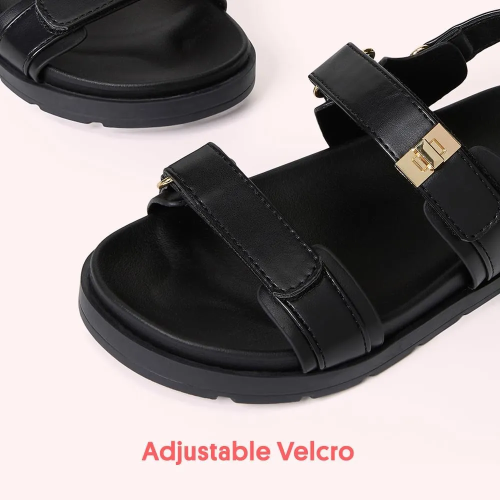 FabKids Girl's Flat Sandals Comfort Adjustable Double Strap Slip on Leather Footbed Sandals for Toddler Little Kid Big Kid