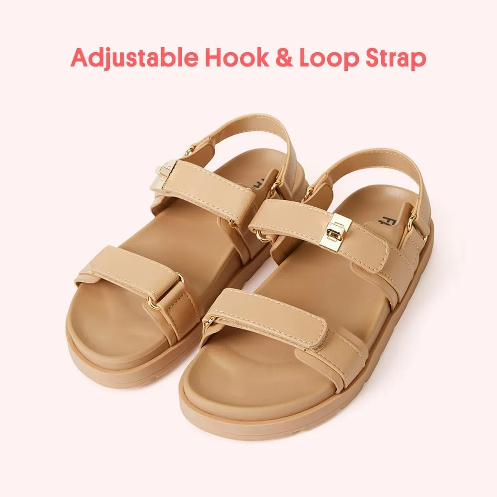 FabKids Girl's Flat Sandals Comfort Adjustable Double Strap Slip on Leather Footbed Sandals for Toddler Little Kid Big Kid