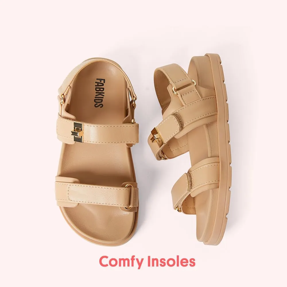 FabKids Girl's Flat Sandals Comfort Adjustable Double Strap Slip on Leather Footbed Sandals for Toddler Little Kid Big Kid