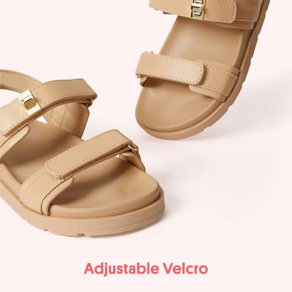 FabKids Girl's Flat Sandals Comfort Adjustable Double Strap Slip on Leather Footbed Sandals for Toddler Little Kid Big Kid