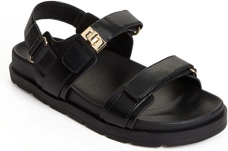 FabKids Girl's Flat Sandals Comfort Adjustable Double Strap Slip on Leather Footbed Sandals for Toddler Little Kid Big Kid