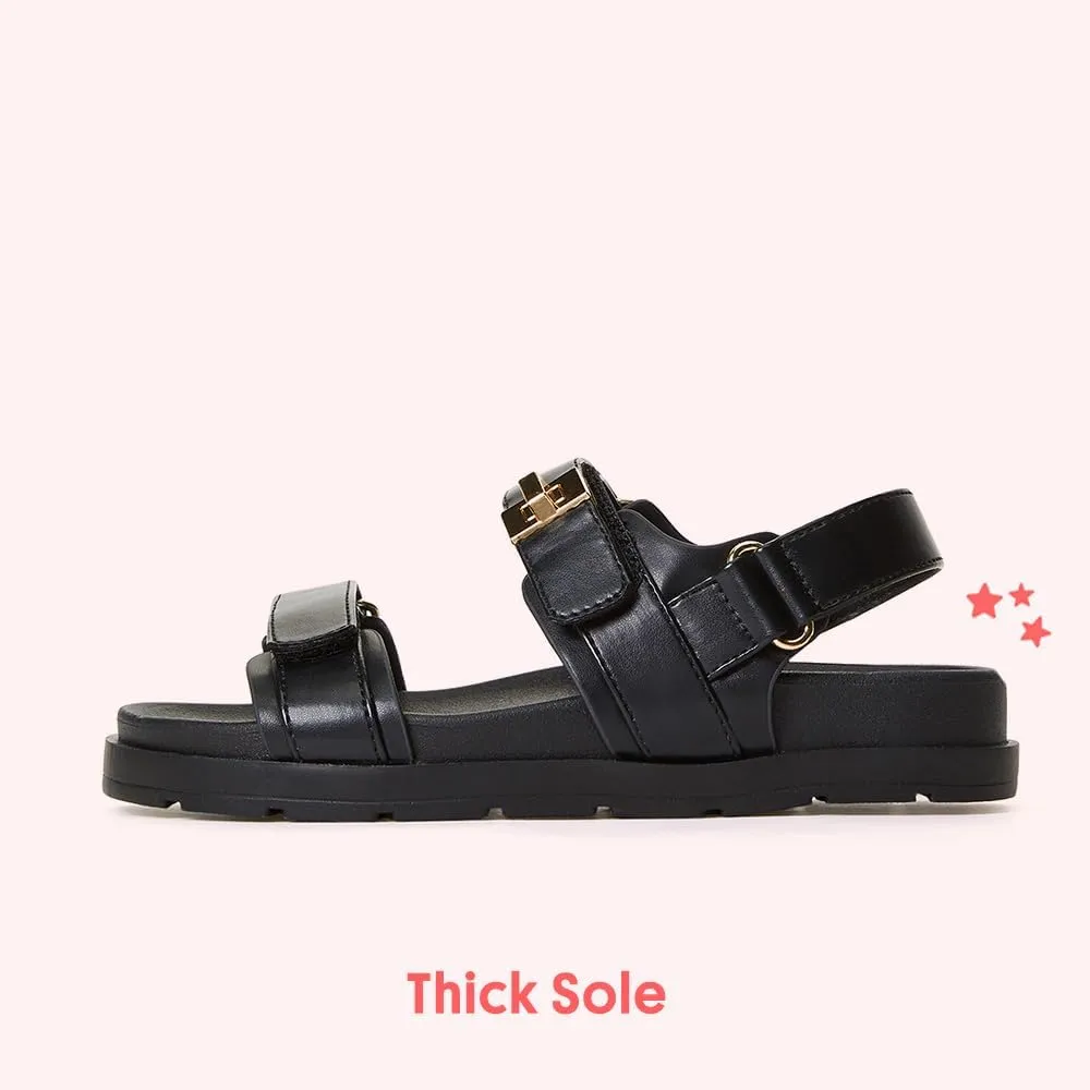 FabKids Girl's Flat Sandals Comfort Adjustable Double Strap Slip on Leather Footbed Sandals for Toddler Little Kid Big Kid