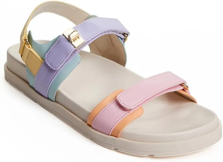 FabKids Girl's Flat Sandals Comfort Adjustable Double Strap Slip on Leather Footbed Sandals for Toddler Little Kid Big Kid