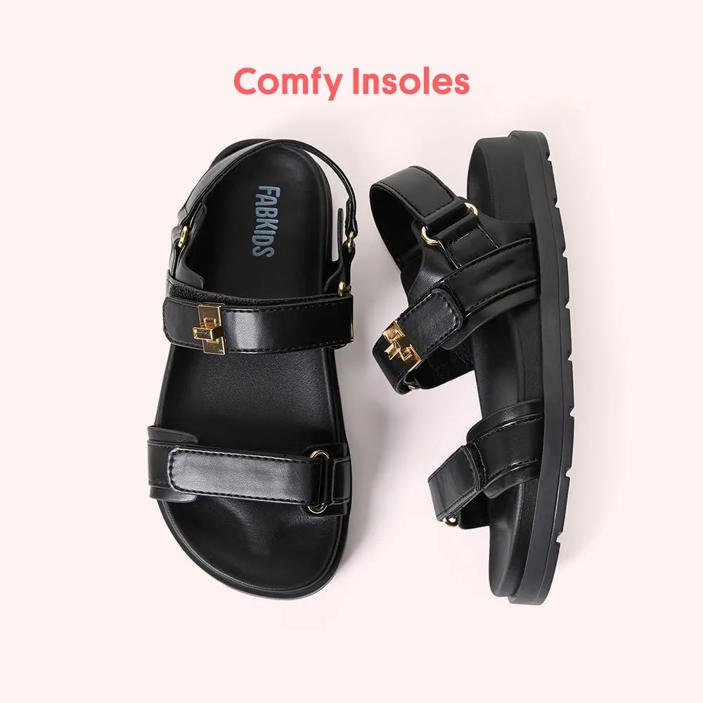 FabKids Girl's Flat Sandals Comfort Adjustable Double Strap Slip on Leather Footbed Sandals for Toddler Little Kid Big Kid