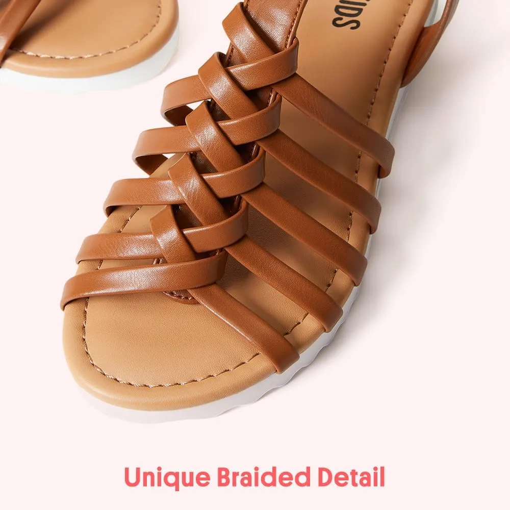 FabKids Girls Gladiator Sandals Braided Strappy Flats Sandal Summer Open Toe Holiday Party Dress Shoes for Toddler Little Kid Big Kid