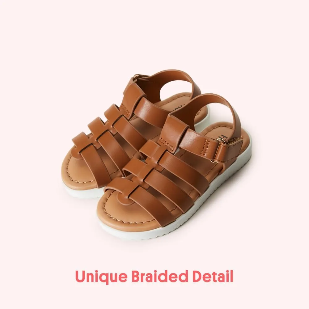FabKids Girls Gladiator Sandals Braided Strappy Flats Sandal Summer Open Toe Holiday Party Dress Shoes for Toddler Little Kid Big Kid