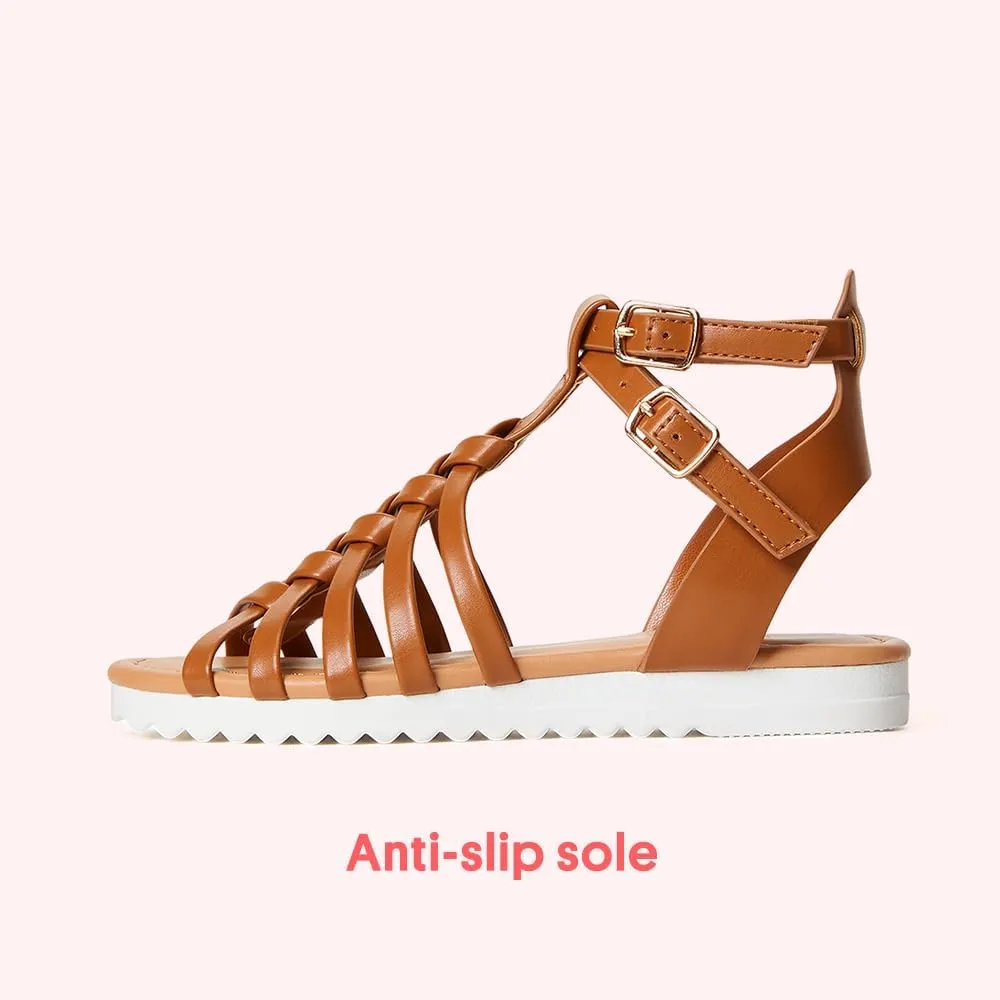 FabKids Girls Gladiator Sandals Braided Strappy Flats Sandal Summer Open Toe Holiday Party Dress Shoes for Toddler Little Kid Big Kid