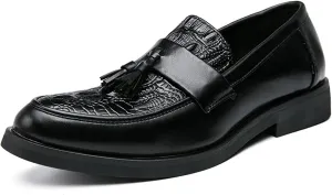 Fashion Burnished Crocodile Embossed Loafers for Men Slip-on Tassel Shoes Faux Leather Round Toe Block Heel Anti-Slip Casual