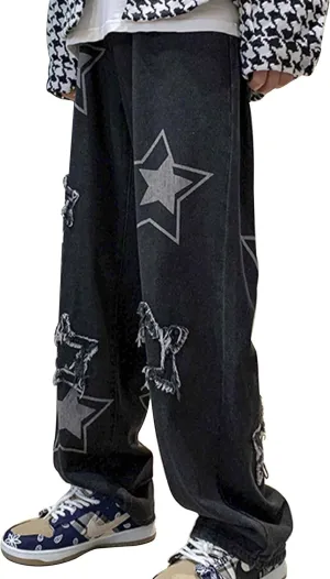 FCOOLYEET Men's Y2K Jeans Hip Hop Baggy Star Denim Pants Grunge Aesthetic Streetwear Jeans Relaxed Fit Trousers