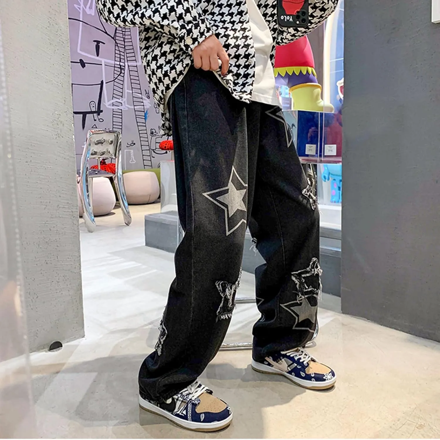 FCOOLYEET Men's Y2K Jeans Hip Hop Baggy Star Denim Pants Grunge Aesthetic Streetwear Jeans Relaxed Fit Trousers