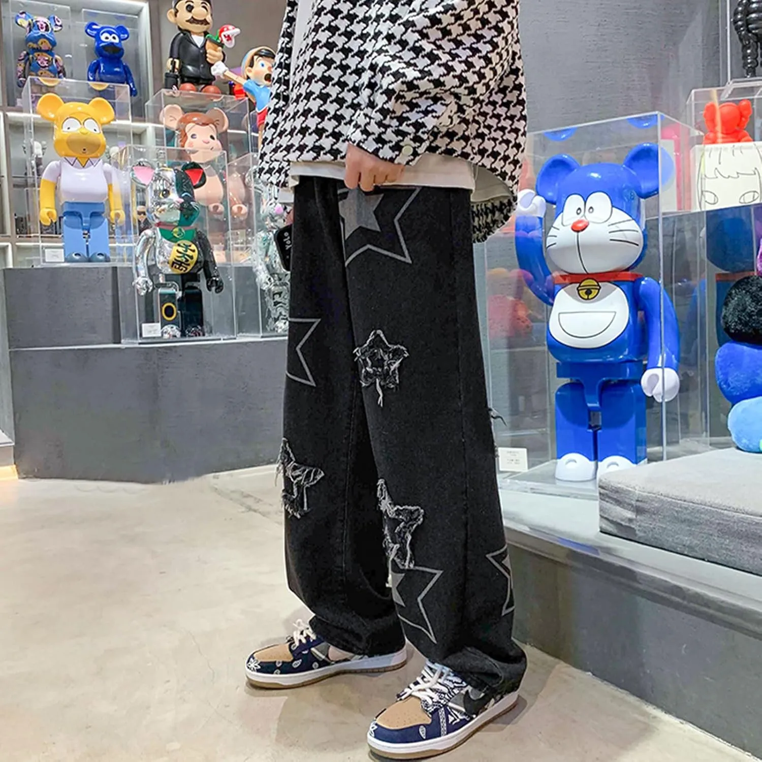 FCOOLYEET Men's Y2K Jeans Hip Hop Baggy Star Denim Pants Grunge Aesthetic Streetwear Jeans Relaxed Fit Trousers
