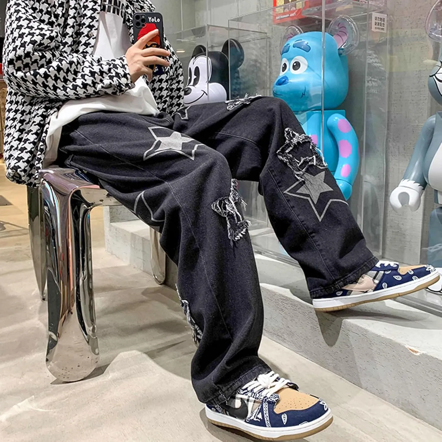 FCOOLYEET Men's Y2K Jeans Hip Hop Baggy Star Denim Pants Grunge Aesthetic Streetwear Jeans Relaxed Fit Trousers