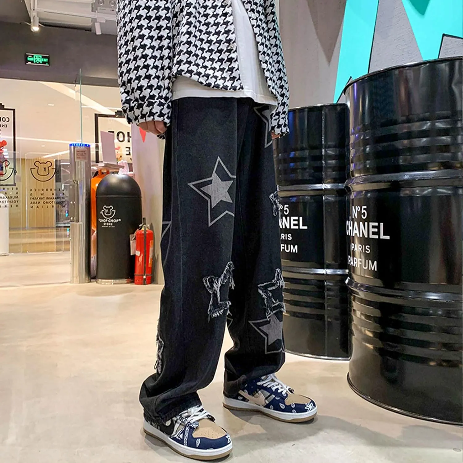 FCOOLYEET Men's Y2K Jeans Hip Hop Baggy Star Denim Pants Grunge Aesthetic Streetwear Jeans Relaxed Fit Trousers