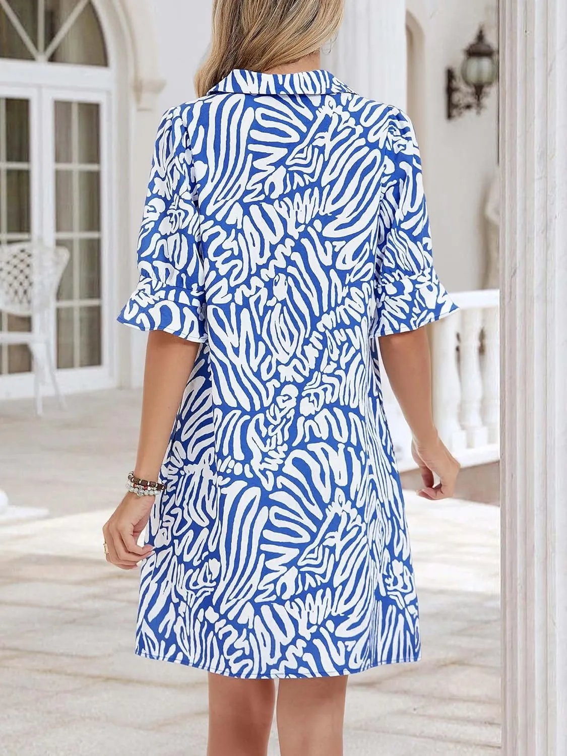 FENSACE Womens Casual Shirt Dress Ruffle Sleeve Solid Color Button Down Shift Summer Dresses with Pockets