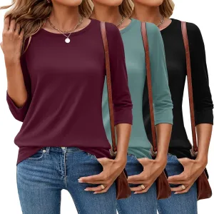 Ficerd 3 Pack 3/4 Sleeve Tops for Women Round Neck Dressy Basics Tees Casual Trendy Loose Fit T Shirts