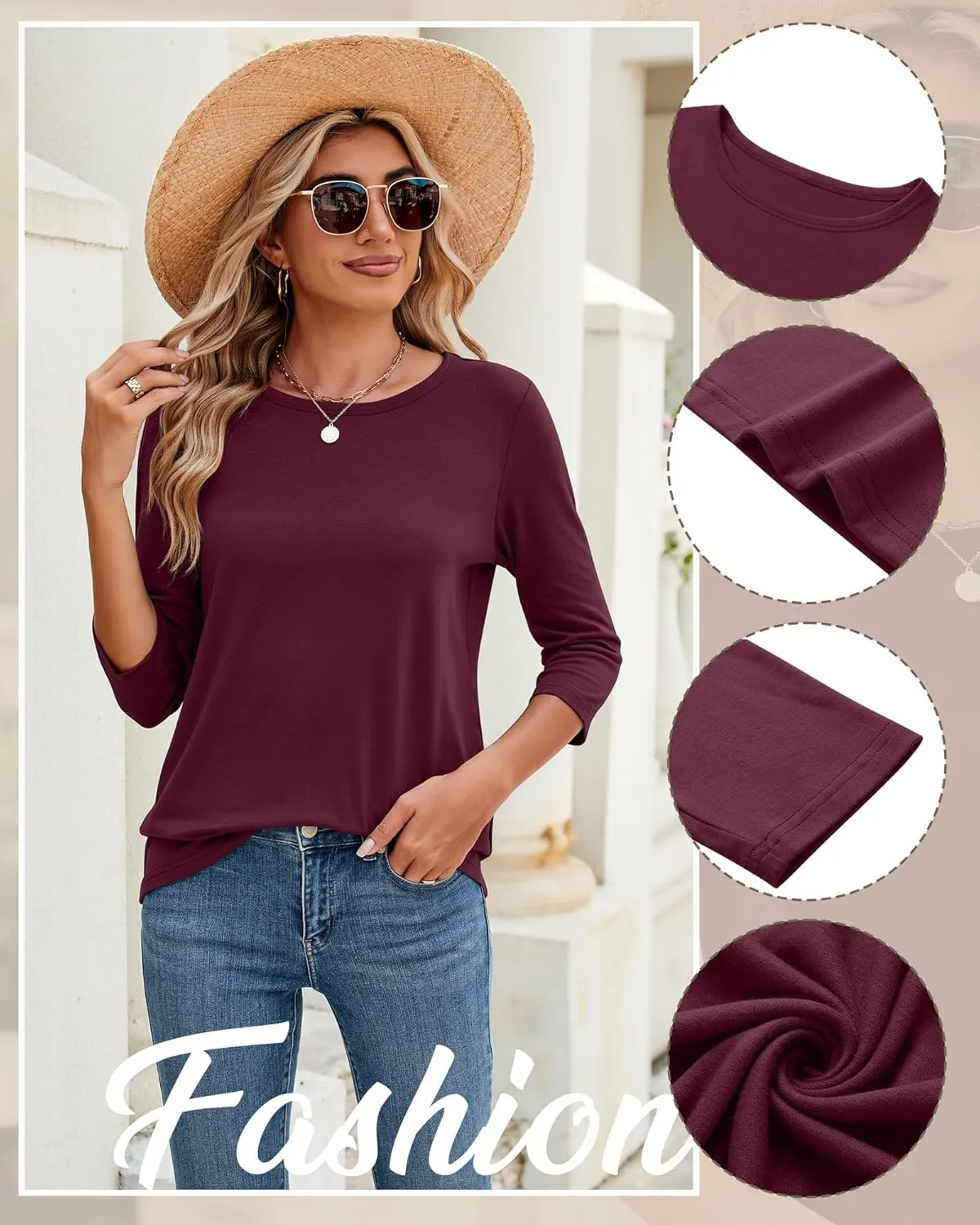 Ficerd 3 Pack 3/4 Sleeve Tops for Women Round Neck Dressy Basics Tees Casual Trendy Loose Fit T Shirts