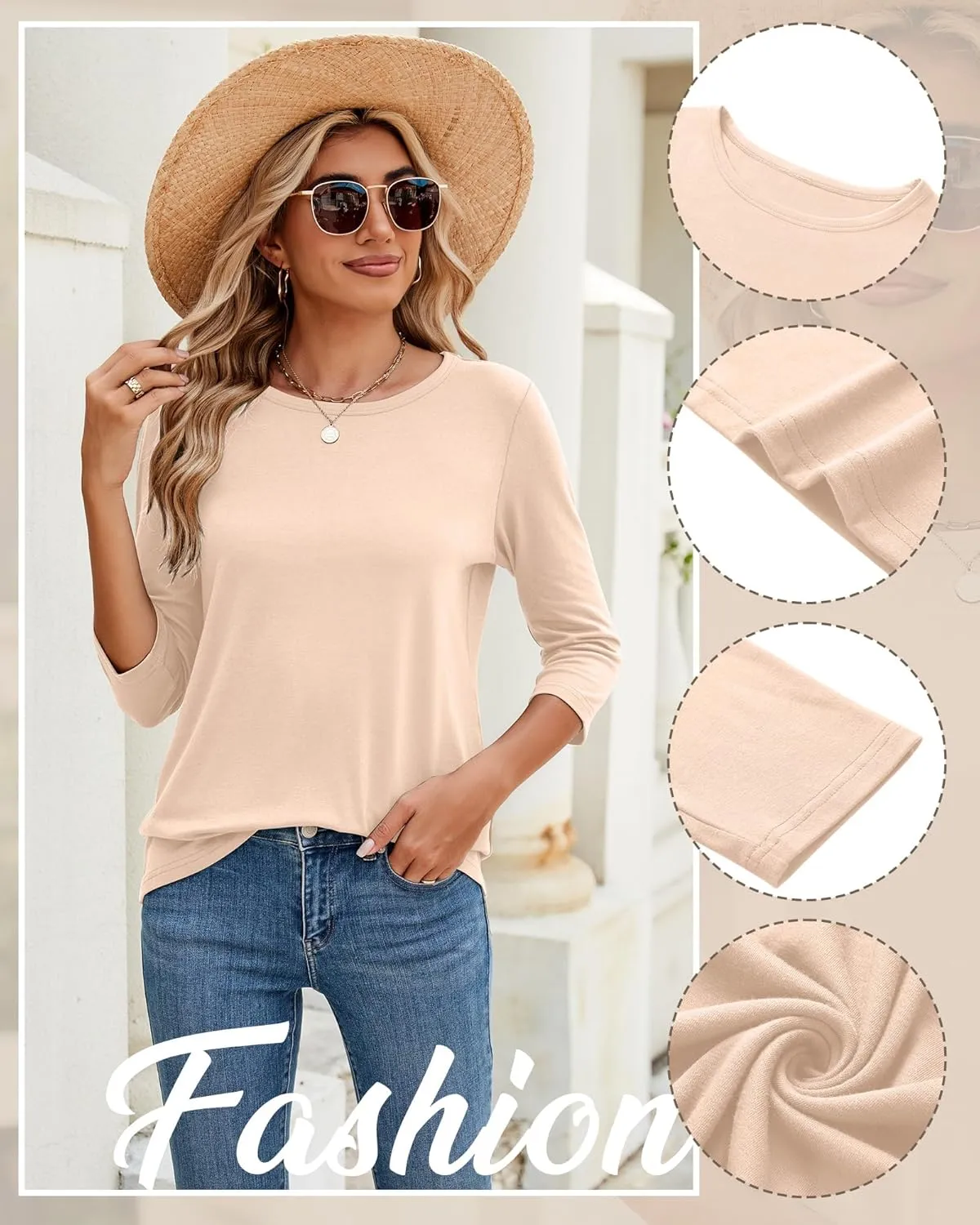Ficerd 3 Pack 3/4 Sleeve Tops for Women Round Neck Dressy Basics Tees Casual Trendy Loose Fit T Shirts