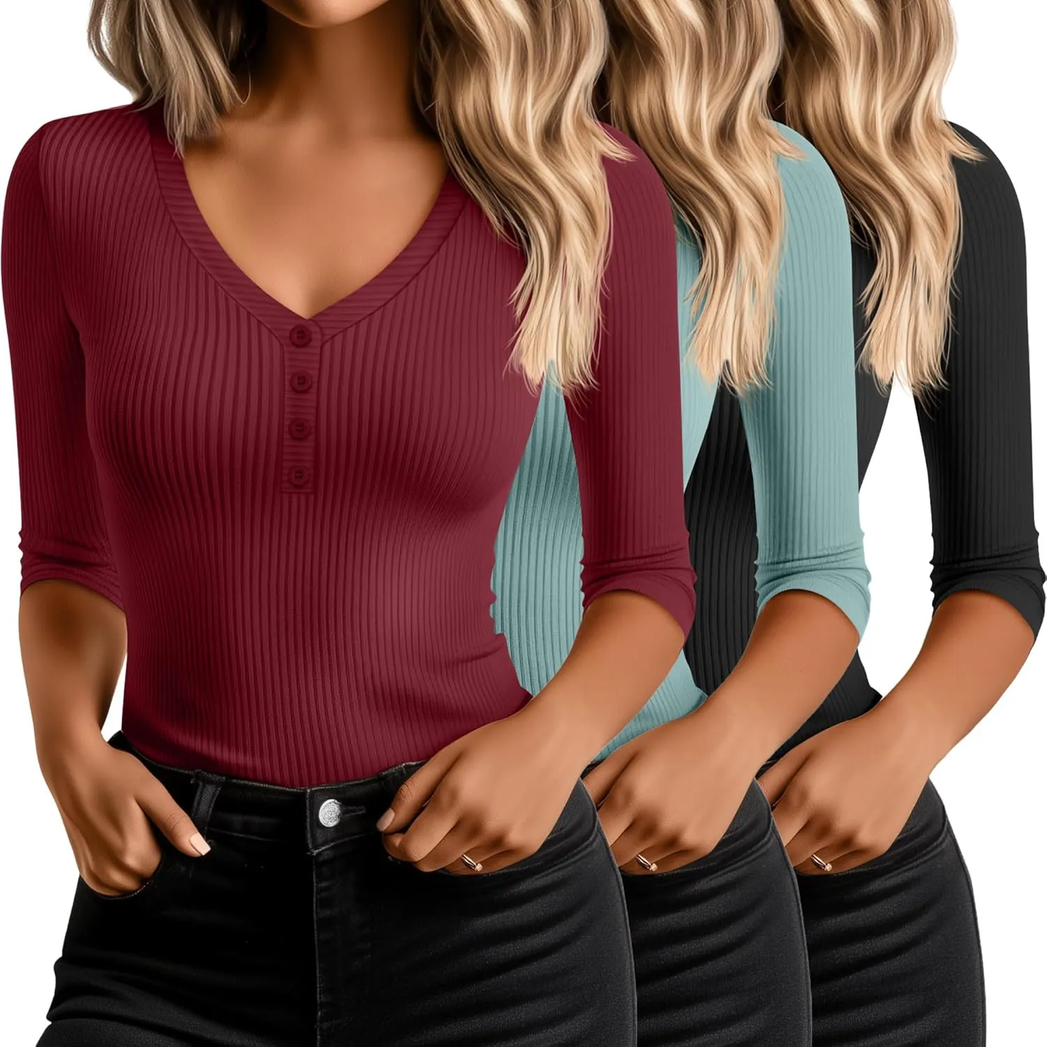 Ficerd 3 Pack Women's 3/4 Sleeve Henley Shirts, Cotton V Neck Ribbed Knit Slim Fit Shirts Tight Basic Tee
