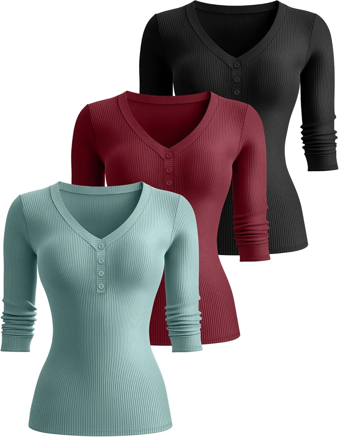 Ficerd 3 Pack Women's 3/4 Sleeve Henley Shirts, Cotton V Neck Ribbed Knit Slim Fit Shirts Tight Basic Tee